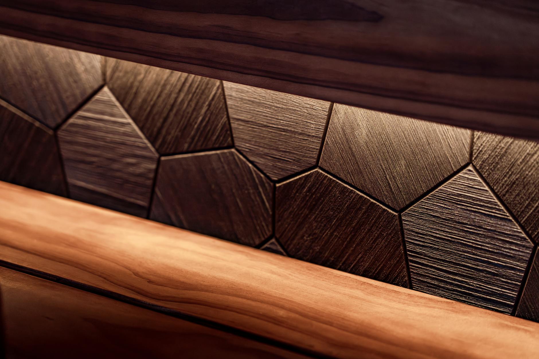 Nowoczesna sauna z geometrycznym drewnem i ciepłym oświetleniem LED